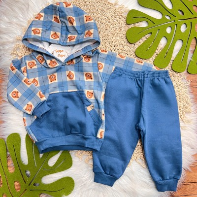 Conj. Casaco Ursos Capuz e Calça em Moletom - Azul Jeans